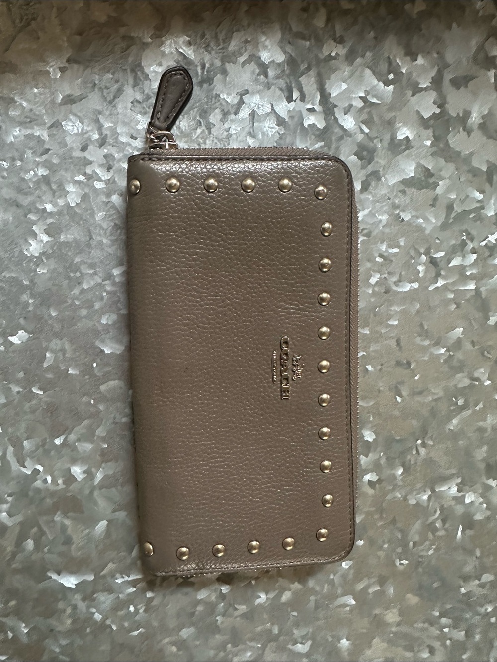 Coach Metallic Taupe Studded Zip Wallet